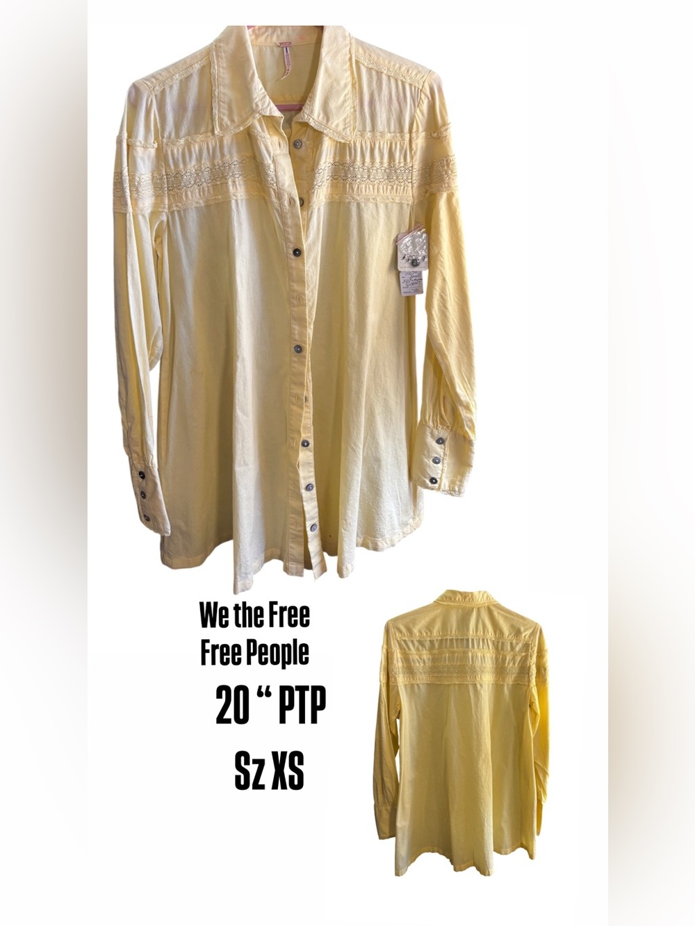 Free People Soft Butter Yellow Lace Yoke Button-Up